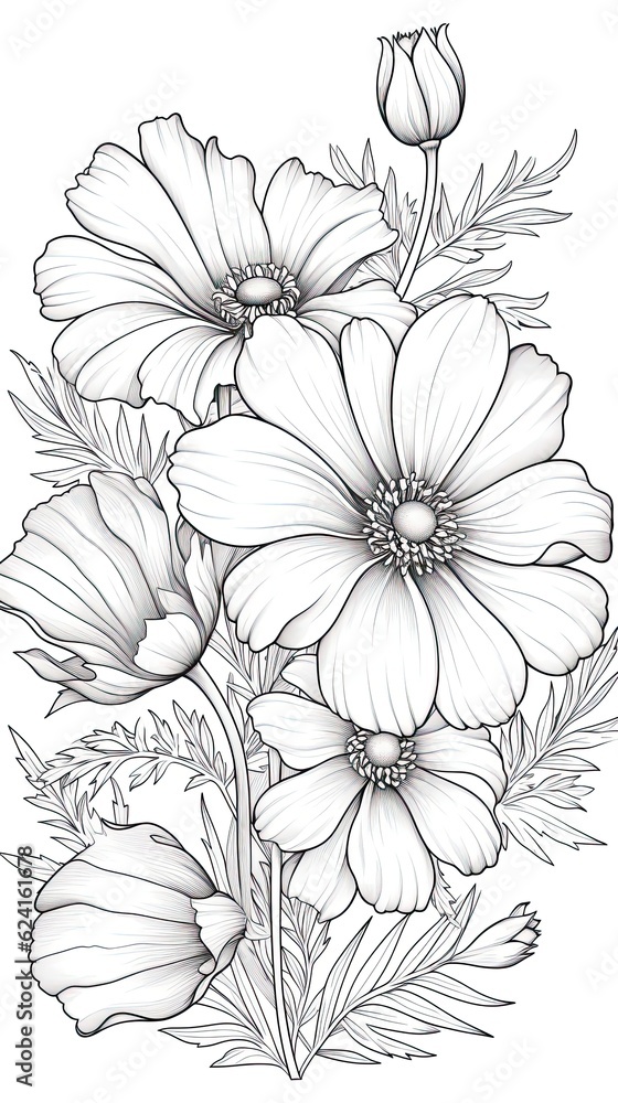 Cute Cosmos flower in coloring page style illustration. Line art painting. Generative AI Cute Cosmos flower in coloring page style illustration. Line art painting. Generative AI