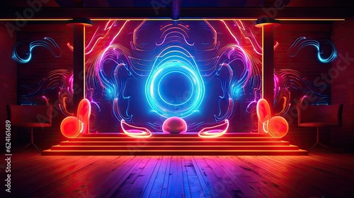 A celestial-themed stage with swirling galaxies and shooting stars made of neon lights, transporting the audience to a cosmic dreamscape. Abstract futuristic neon light background. Generative AI
