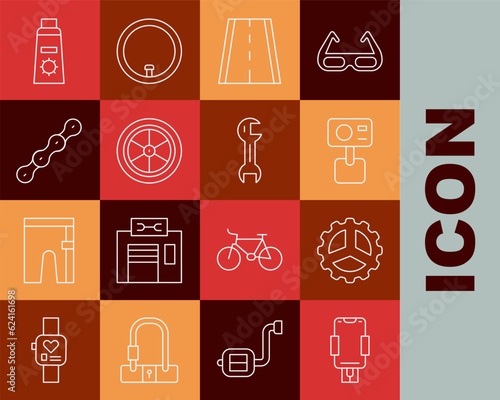 Set line Mobile holder, Bicycle sprocket crank, Action extreme camera, lane, wheel, chain, Sunscreen cream tube and Wrench spanner icon. Vector