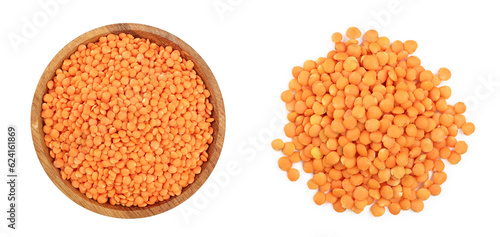 red lentil in wooden bowl isolated on white background. Top view photo