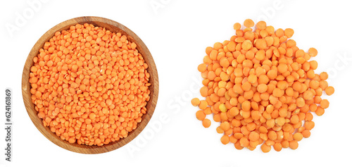 red lentil in wooden bowl isolated on white background. Top view