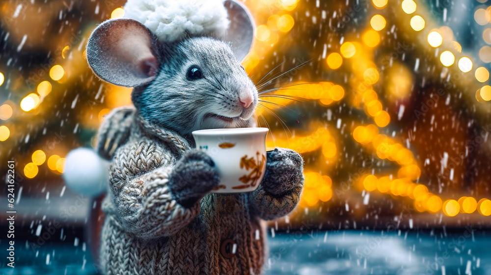 A cute little mouse in a knitted hat drinks cocoa in a snowy forest against the backdrop of color lights and a festively decorated forest with firs.Generative AI A cute little mouse in a knitted hat drinks cocoa in a snowy forest against the backdrop of color lights and a festively decorated forest with firs.Generative AI