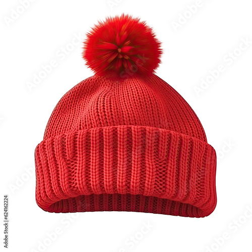 Red knitted hat isolated. Illustration AI Generative