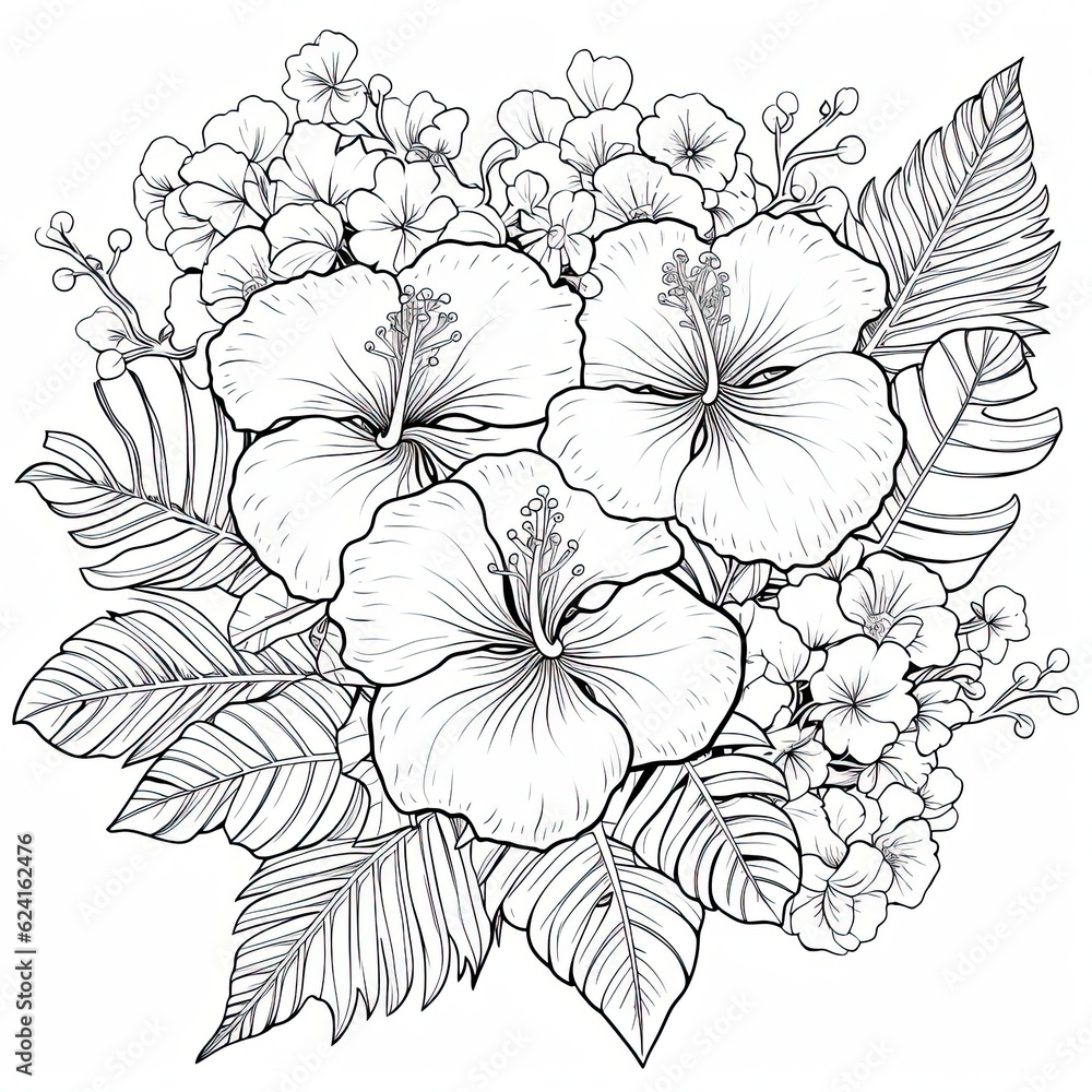 Cute Hibiscus flower in coloring page style illustration. Line art painting. Generative AI