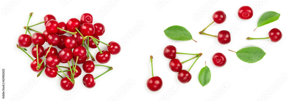 Some cherries with leaf closeup isolated on white background. Top view. Flat lay. Some cherries with leaf closeup isolated on white background. Top view. Flat lay.