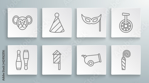 Set line Bowling pin, Party hat, Firework rocket, Cannon, Birthday party horn, Festive mask, Unicycle one wheel bicycle and Monkey icon. Vector