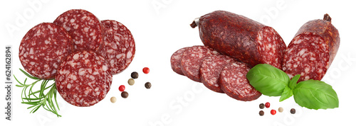 Smoked sausage salami slices isolated on white background with full depth of field. Top view. Flat lay