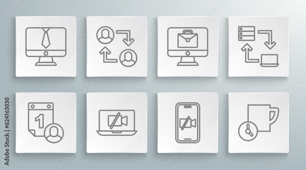 Set line Time management, Project team base, Video camera Off on laptop, mobile, Online working, and chat conference icon. Vector Set line Time management, Project team base, Video camera Off on laptop, mobile, Online working, and chat conference icon. Vector