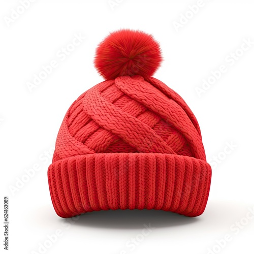Red knitted hat isolated. Illustration AI Generative
