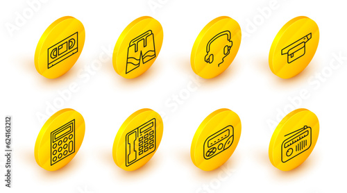 Set line Radio with antenna, Pager, Telephone handset, Calculator, Waist bag of banana, Headphones, Short pants and VHS video cassette tape icon. Vector