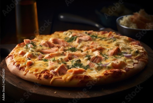 salmon pizza on a wooden board, Salmon pizza served in a restaurant, salmon pizza, salmon, cheese, pizza, salmon pizza with cheese burst