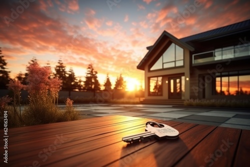 House with key. Real estate concept. Illustration AI Generative.