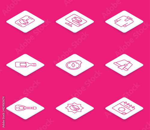 Set line Star and crescent, Kaaba mosque, Shirt kurta, Bottle of water, Qibla, Turkish hat, Lute and icon. Vector