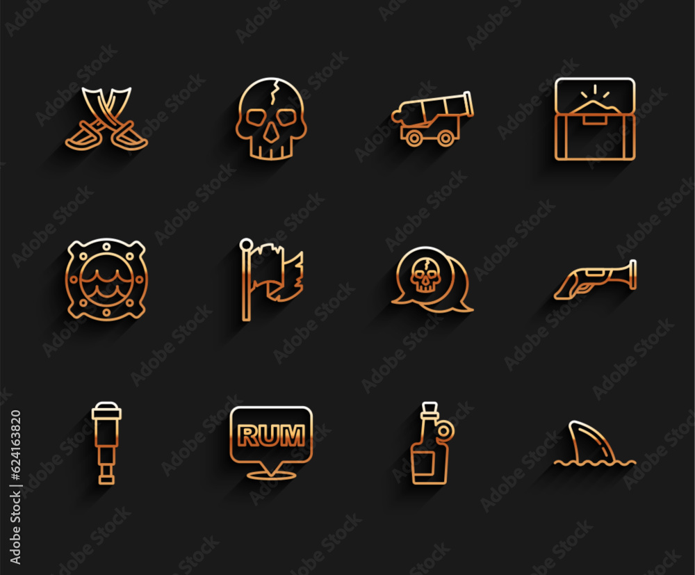 Set line Spyglass telescope lens, Alcohol drink Rum, Crossed pirate swords, Shark fin ocean wave, Pirate flag, Vintage pistol and Skull icon. Vector Set line Spyglass telescope lens, Alcohol drink Rum, Crossed pirate swords, Shark fin ocean wave, Pirate flag, Vintage pistol and Skull icon. Vector