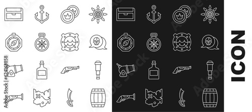 Set line Wooden barrel, Spyglass telescope lens, Skull, Pirate coin, Compass, Antique treasure chest and Ship porthole with seascape icon. Vector