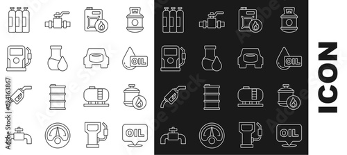 Set line Word oil, Propane gas tank, Oil drop, Canister for motor, petrol test tube, Petrol station, Industrial cylinder and Spare wheel the car icon. Vector