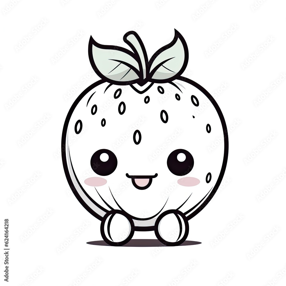 Obraz premium Kawaii style Strawberry fruit character in coloring page style illustration. Line art painting. Generative AI