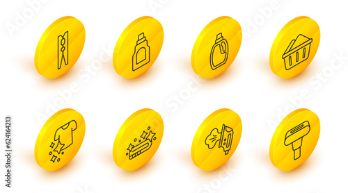 Set line Garment steamer, Electric iron, Towel stack, Drying clothes, Basin with soap suds, Bottle for cleaning agent, and Clothes pin icon. Vector