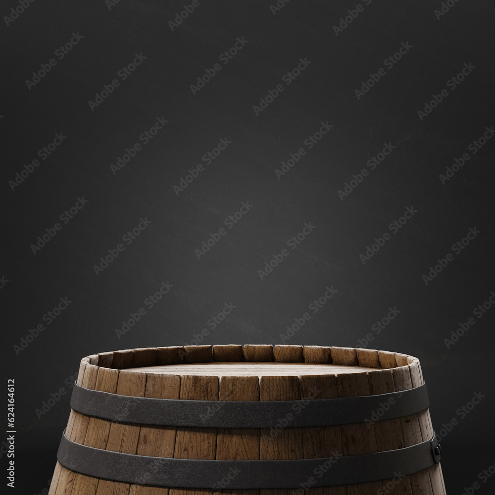 Fototapeta premium Old barrel in a dark basement. Empty barrel for display product or showcase