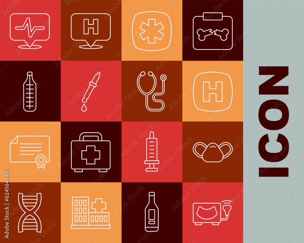 Set line Ultrasound, Medical protective mask, Hospital signboard, Emergency - Star of Life, Pipette, thermometer, Heart rate and Stethoscope icon. Vector Set line Ultrasound, Medical protective mask, Hospital signboard, Emergency - Star of Life, Pipette, thermometer, Heart rate and Stethoscope icon. Vector