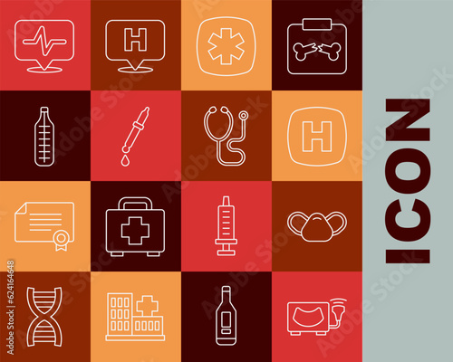 Set line Ultrasound, Medical protective mask, Hospital signboard, Emergency - Star of Life, Pipette, thermometer, Heart rate and Stethoscope icon. Vector