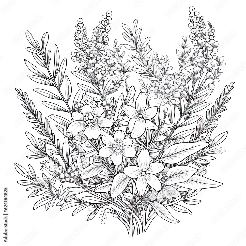 Fototapeta premium Cute Lavender flower in coloring page style illustration. Line art painting. Generative AI