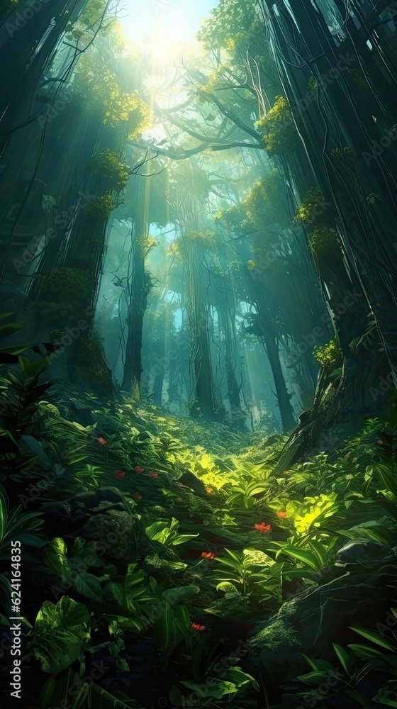 A dense forest with tall, vibrant green trees and rays of sunlight filtering through the leaves. Colorful illustration art. Generative AI