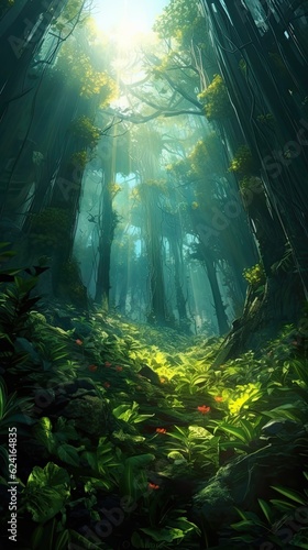 A dense forest with tall, vibrant green trees and rays of sunlight filtering through the leaves. Colorful illustration art. Generative AI