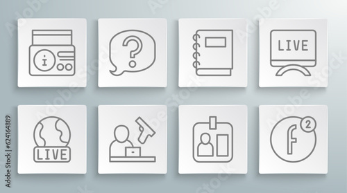 Set line Live report, Speech bubble chat, Crime news, Journalist id card, Create account, Notebook, and News on radio channel icon. Vector