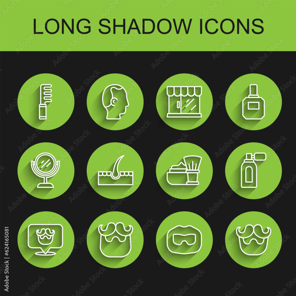 Set line Barbershop, Mustache and beard, Hairbrush, Human hair follicle, Aftershave with atomizer and Shaving foam icon. Vector Set line Barbershop, Mustache and beard, Hairbrush, Human hair follicle, Aftershave with atomizer and Shaving foam icon. Vector