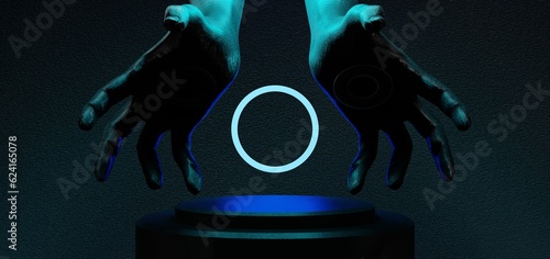 futuristic gaming esports background abstract wallpaper, cyberpunk style scifi game, stage concert scene in pedestal display room, led neon glow light, 3d illustration rendering
