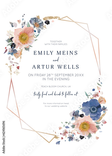 Elegant wedding invite card. Pastel, watercolor style flowers with golden geometrical frame. Editable, floral vector illustration. Blue, pink anemone, white petals, blackberry, glitter bouquet, wreath