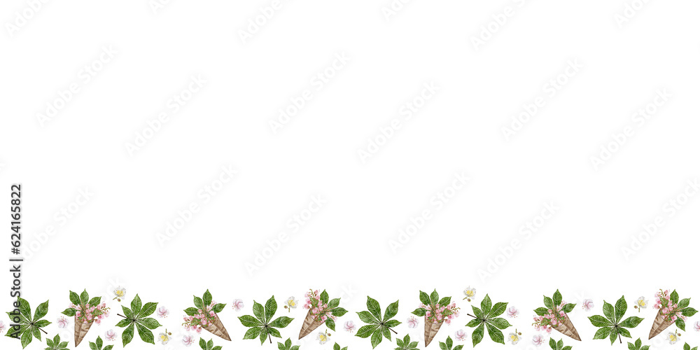 Border of leaves, flowers and fruits of chestnut. Watercolor illustration Border of leaves, flowers and fruits of chestnut. Watercolor illustration
