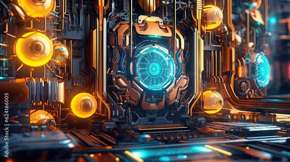 Fototapeta premium A futuristic circuit board design with neon lights and intricate patterns. Colorful illustration art. Generative AI