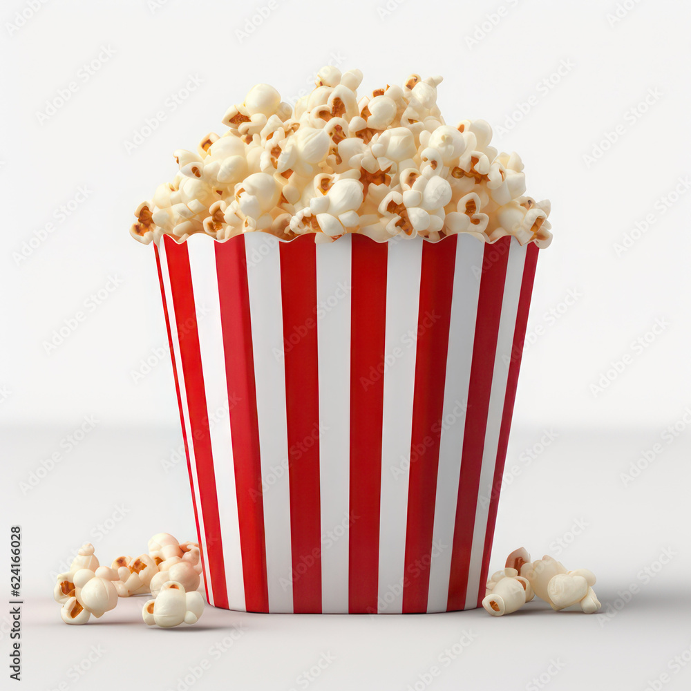 Popcorn in a striped red and white box. AI generative.