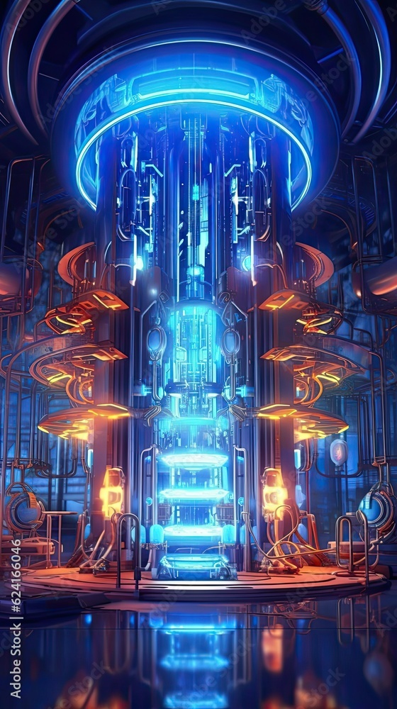 A futuristic laboratory with high-tech equipment and glowing blue test tubes. Colorful illustration art. Generative AI A futuristic laboratory with high-tech equipment and glowing blue test tubes. Colorful illustration art. Generative AI