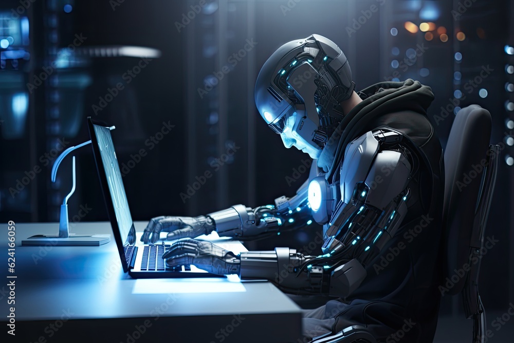 3d rendering humanoid robot working on laptop computer in dark room at ...