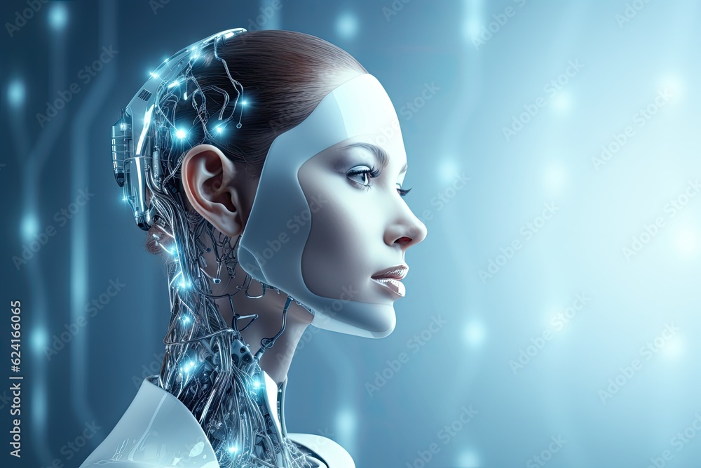 3D rendering of a female robot in a cyborg's head on a blue background ...