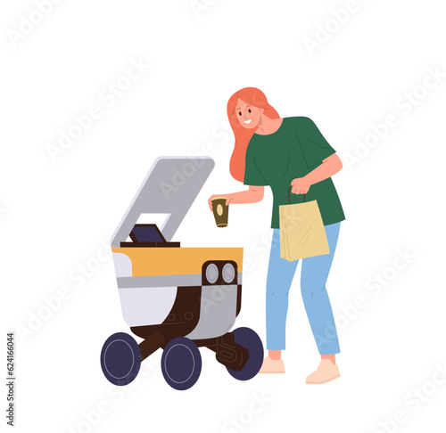Happy woman cartoon character receiving fastfood packet and coffee delivered by robotic machine