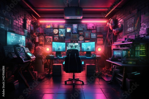 Futuristic gaming room with computers and monitors. 3d rendering of a computer room with a set of gaming equipment, AI Generated