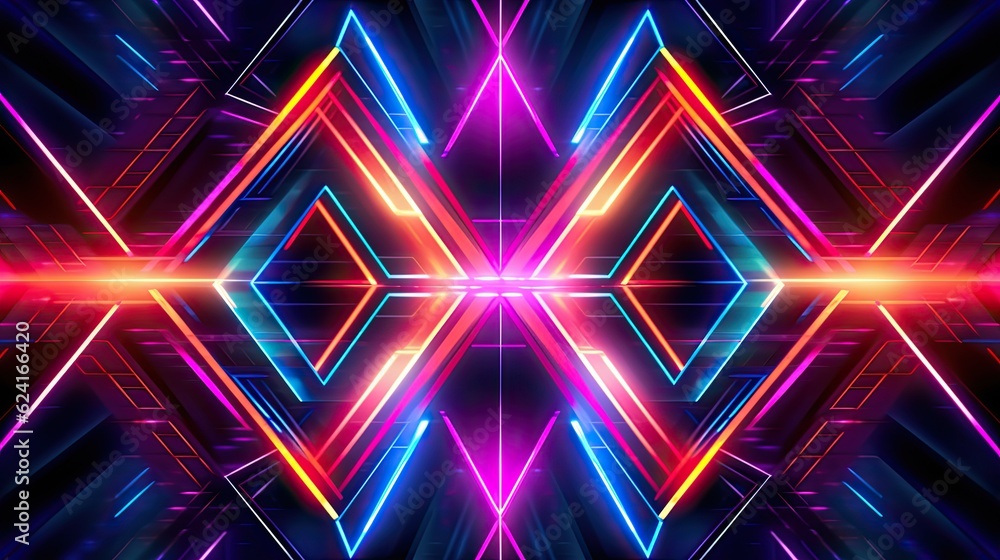 Dynamic Geometric Shapes abstract background. Futuristic neon illustration art. Generative AI