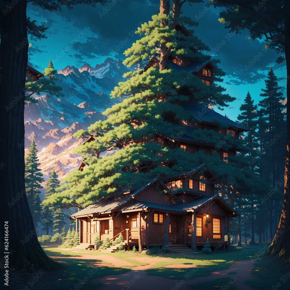 Fototapeta premium A beautiful and warm house in the winter, built with several floors and decorated with a tree, as if it was made of it