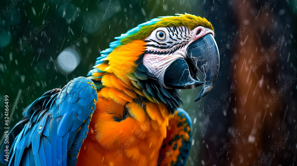 Close-up portrait of a macaw parrot in the rain.Generative AI
