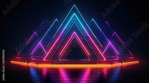 An abstract neon stage featuring glowing tetrahedrons suspended in mid-air, creating an otherworldly and surreal atmosphere. Abstract futuristic neon light background. Generative AI