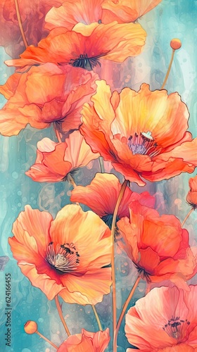 Watercolor Poppy flower illustration. Colorful painting floral background. Generative AI