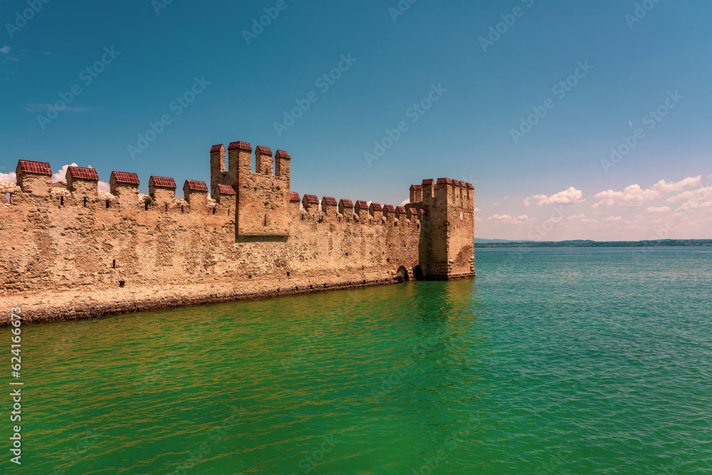 View of the Scaliger Castle in Sirmione on Lake Garda in Italy.