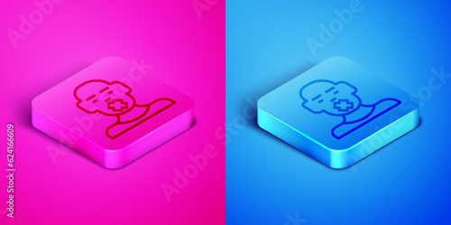 Isometric line Head of deaf and dumb guy icon isolated on pink and blue background. Dumbness sign. Disability concept. Square button. Vector