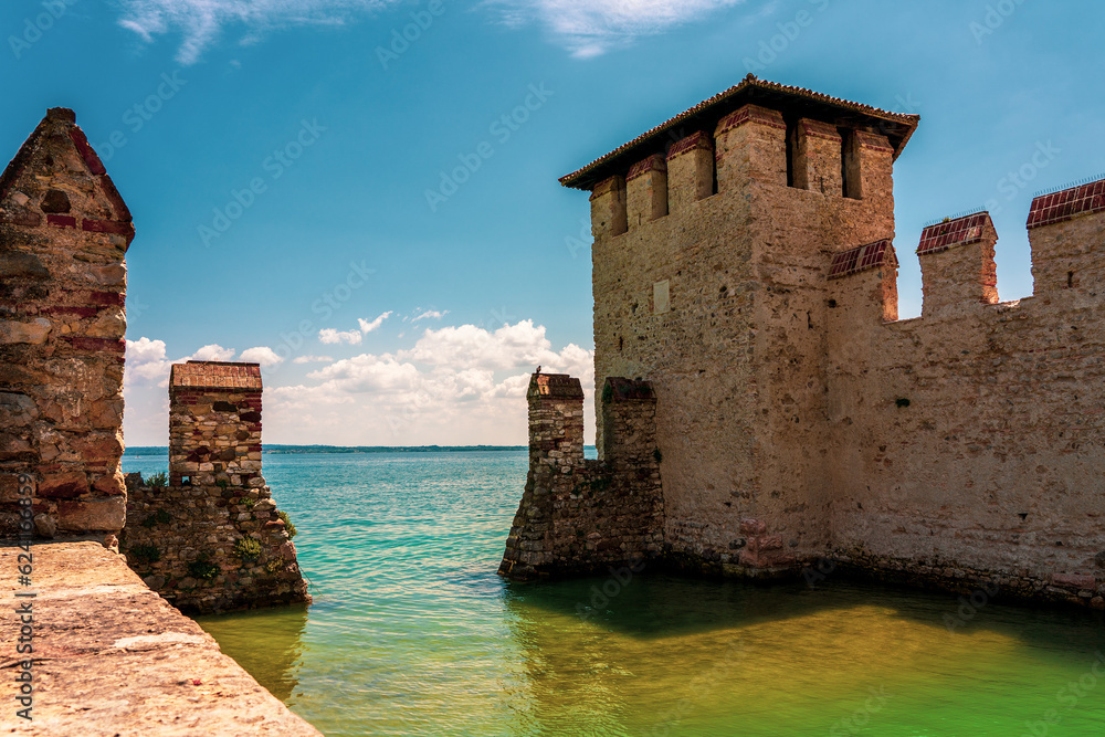 View of the Scaliger Castle in Sirmione on Lake Garda in Italy.