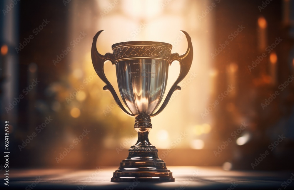 Fototapeta premium Gold winner trophy on dark background. Illustration AI Generative.