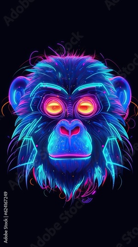 Neon light Ape animal on black background. Portrait of glow light animal. Generative AI
